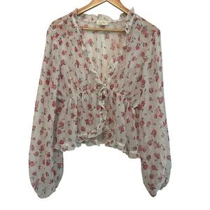 Women's Large Cropped Chiffon Sheer Rose Floral Ruffled Cottage Soft Casual Top